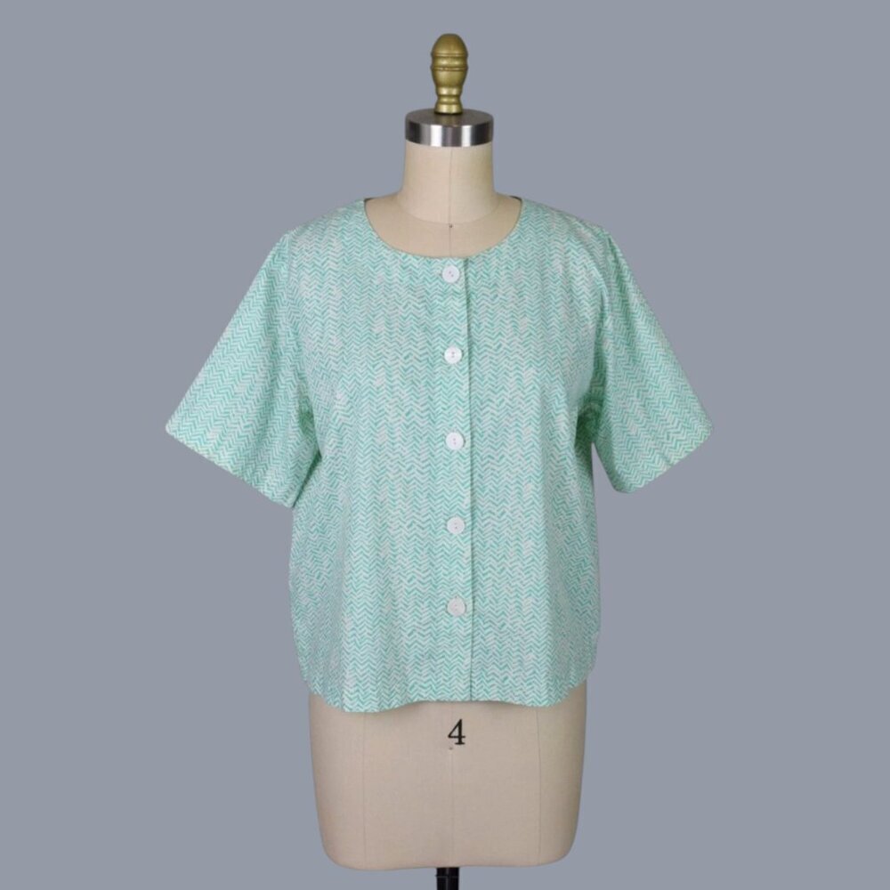 ORVIS 100% COTTON CHEVRON PRINT TEAL BUTTON UP TOP